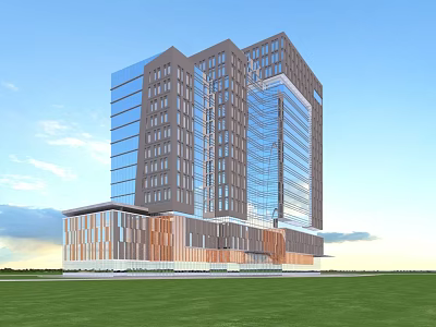 Modern High-Rise Commercial Complex With Glass Curtain Walls And Copper Panel Facade 3d model
