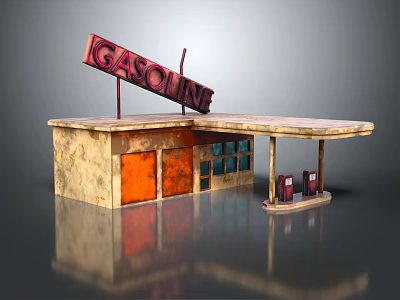 Vintage Gasoline Station Model Featuring Retro Sign And Fuel Pumps 3d model