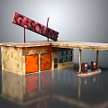 Vintage Gasoline Station Model Featuring Retro Sign And Fuel Pumps