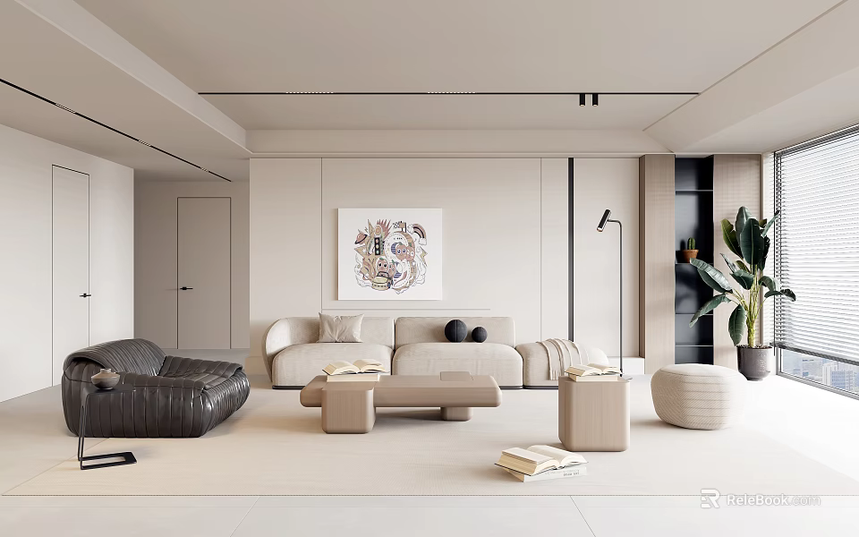 Modern Living Room Interior With Beige Sofa Black Armchair Artwork Rug And Floor Lamp 3d model 