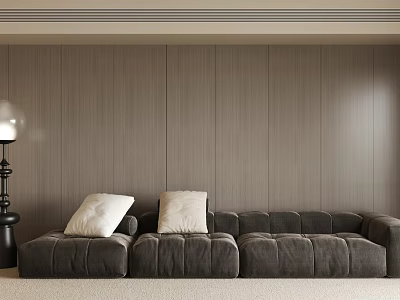 Dark Gray Velvet Three-Seater Sofa With Pillows Against Wooden Wall And Floor Lamp 3d model