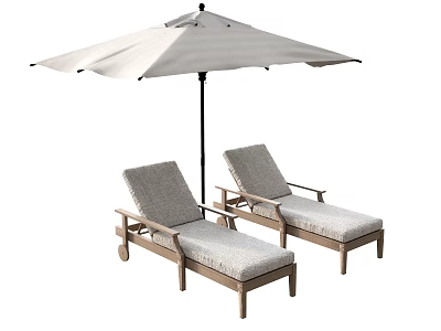 Outdoor Wooden Lounge Chairs With Gray Cushions And White Shade Umbrella 3d model