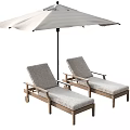 Outdoor Wooden Lounge Chairs With Gray Cushions And White Shade Umbrella