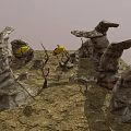 Desert Terrain With Unique Shaped Rocks Yellow Objects And Dry Trees