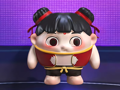 Cute Doll With Black Buns Red Ribbons Red Dot On Face And Red Yellow Outfit 3d model