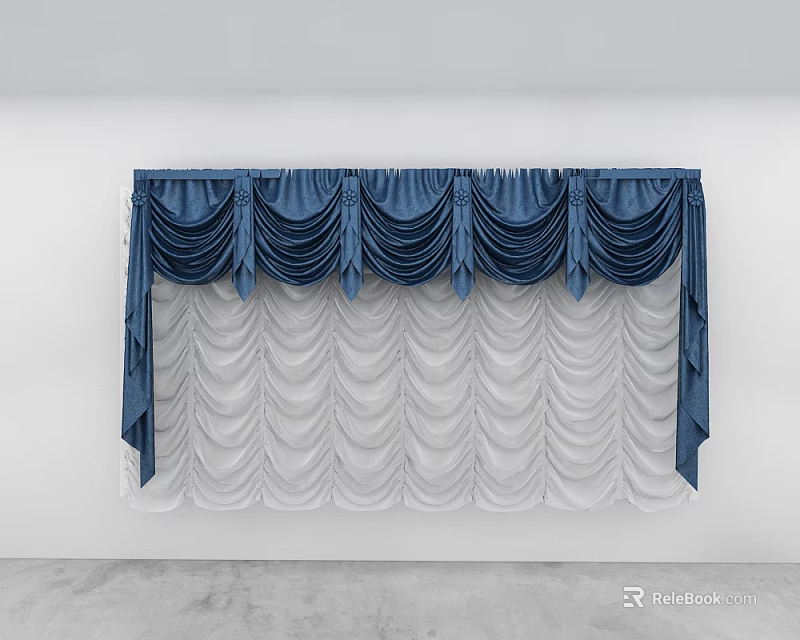 Elegant Blue And White Layered Curtains With Pleated Top For Home Decor 3d model 