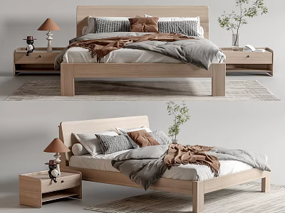 Modern Double Bed With Wooden Frame Bedside Tables Lamps Decorative Pillows Cozy Blanket And Plants 3d model