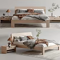 Modern Double Bed With Wooden Frame Bedside Tables Lamps Decorative Pillows Cozy Blanket And Plants
