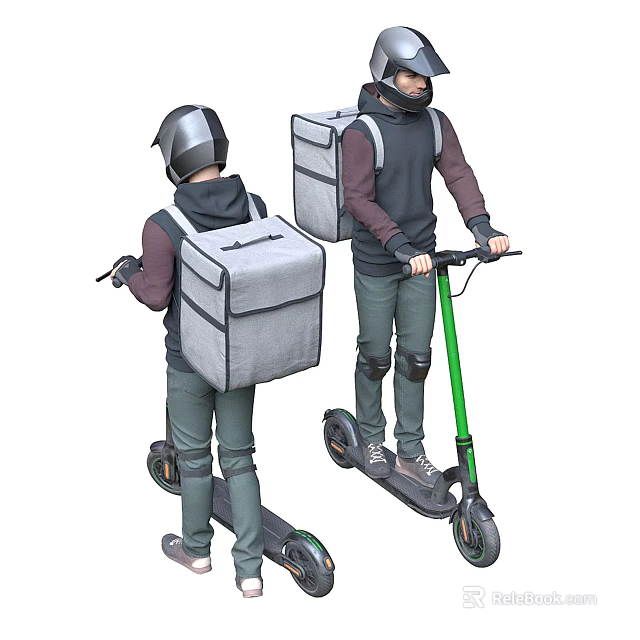 Two men riding electric scooters wearing delivery backpacks and helmets for outdoor delivery service 3d model 