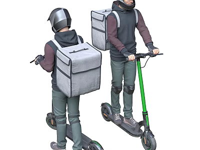 Two men riding electric scooters wearing delivery backpacks and helmets for outdoor delivery service 3d model