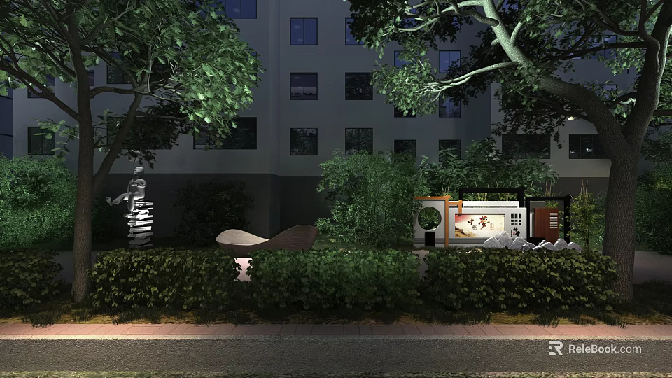 Commercial Street Night View With Lush Green Plants Surrounding Modern Buildings And Warm Lighting 3d model 
