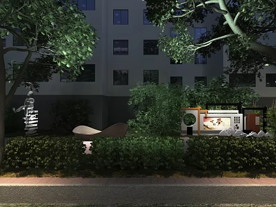 Commercial Street Night View With Lush Green Plants Surrounding Modern Buildings And Warm Lighting 3d model