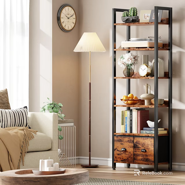 Wooden And Metal Multi Tier Shelving Unit With Drawers For Living Room Decorative Items 3d model 