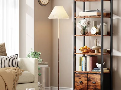 Wooden And Metal Multi Tier Shelving Unit With Drawers For Living Room Decorative Items 3d model