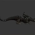 Mythical Gray Dragon Creature with Red Glowing Scales Sharp Horns and Claws in Crawling Stance