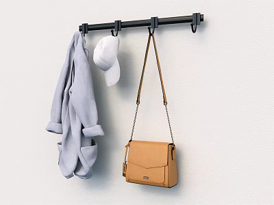 Wall Hook with Hanging Gray Coat White Hat and Brown Leather Bag 3d model