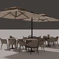 Modern Outdoor Table Setup With Double Umbrellas And Comfortable Chairs 3d model