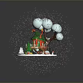 Winter Snowy Landscape With Small House Snow Covered Trees And Falling Snowflakes