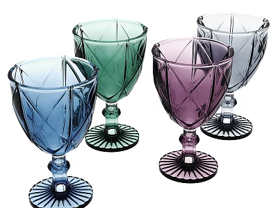 Colorful Glass Goblets With Diamond Cut Patterns And Black Bases 3d model