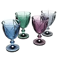 Colorful Glass Goblets With Diamond Cut Patterns And Black Bases