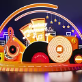 Vibrant Stage with Neon Lights Sunday Night Sign Vinyl Records Music Notes and City Skyline