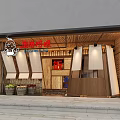 Chinese Restaurant Exterior Design With Wooden Decor Bamboo Curtains Lanterns And Barrel Planters