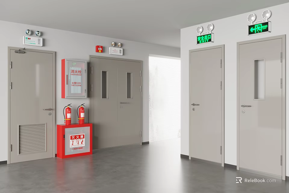 Fire Safety Corridor With Emergency Exit Signs Fire Extinguishers And Gray Doors 3d model 