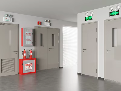 Fire Safety Corridor With Emergency Exit Signs Fire Extinguishers And Gray Doors 3d model
