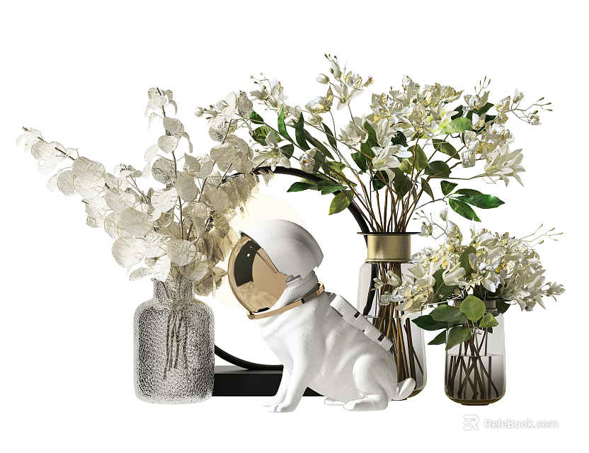 Elegant White Flowers In Glass Vases With Green Leaves Astronaut Figurine And Round Mirror 3d model 