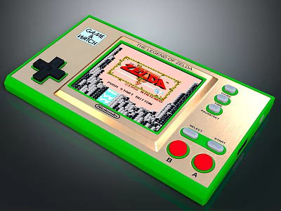 Classic Game Boy Handheld Electronic Device Displaying The Legend of Zelda With Green Gold Design 3d model