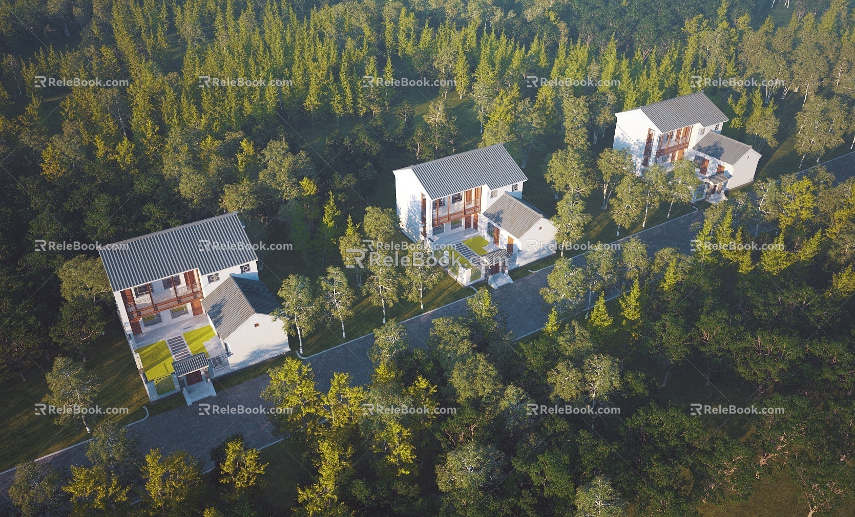 Aerial view of Chinese villa architecture 3d model