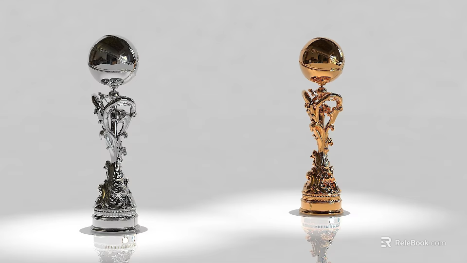 Gold And Silver Ornate Trophies With Spherical Top And Intricate Base Design 3d model 