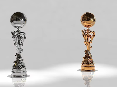 Gold And Silver Ornate Trophies With Spherical Top And Intricate Base Design 3d model