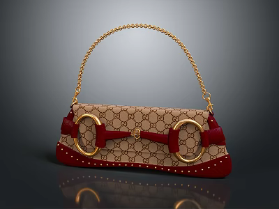 Beige And Red Patterned Handbag With Gold Chain Straps And Ring Details 3d model