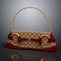 Beige And Red Patterned Handbag With Gold Chain Straps And Ring Details 3d model