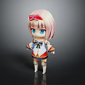 Cute Anime Game Character With Pink Hair Red Bow Blue Eyes And White Orange Outfit