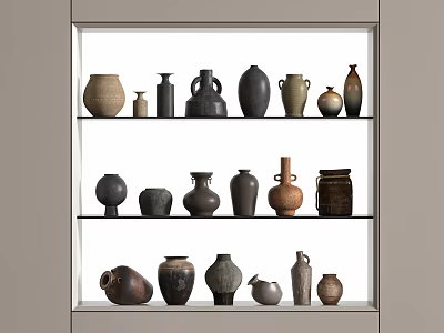 Ceramic Vessels in Various Shapes and Designs on Multiple Layer Shelves White Background 3d model