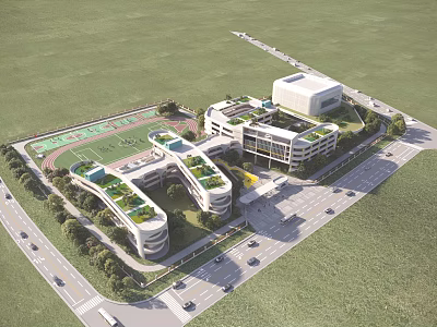 Modern School Building Complex with Green Roofs Playground and Landscaped Surroundings 3d model