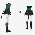 Women's Green And Blue Corset Skirt Outfit With Fishnet Stockings Black Boots And Gloves