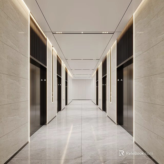 Modern Elevator Lobby With Marble Flooring And Elevators On Both Sides 3d model 