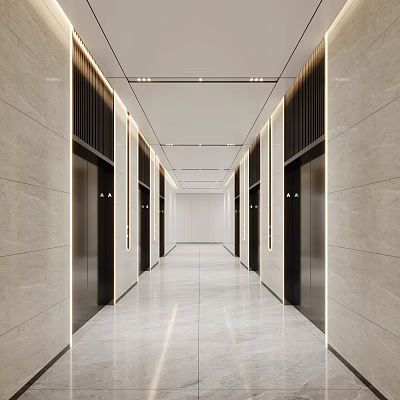 Modern Elevator Lobby With Marble Flooring And Elevators On Both Sides 3d model