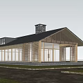 Modern Residential Building with Wooden Frame Large Glass Windows and Pitched Roof Surrounded by Green Grassland