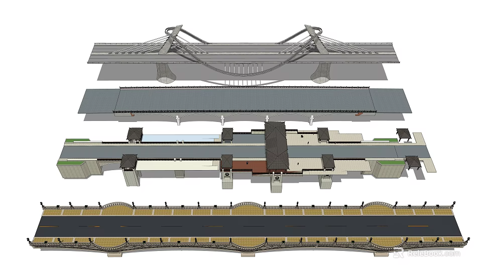 Bridge Structural Design Multiple Views With Lane Layout And Support Towers 3d model