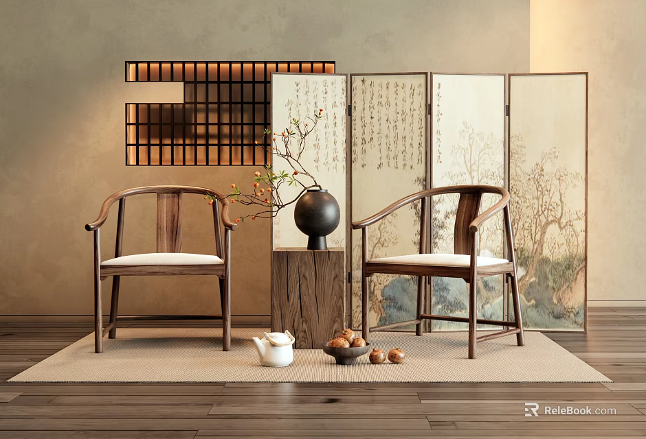 Chinese Style Wooden Leisure Chairs in Elegant Setting With Calligraphy Paintings Screen and Tea Set 3d model 