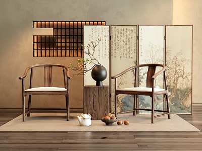 Chinese Style Wooden Leisure Chairs in Elegant Setting With Calligraphy Paintings Screen and Tea Set 3d model