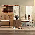 Chinese Style Wooden Leisure Chairs in Elegant Setting With Calligraphy Paintings Screen and Tea Set