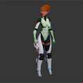 Red Haired Character In White Black And Orange Bodysuit Holding Device On Dark Background