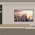 Modern Elegant White TV Background Wall with Cityscape Painting and Built-in Storage