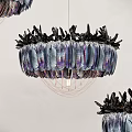 Unique Modern Chandelier Featuring Feather Accents Purple Blue Hues And Black Top Ornaments