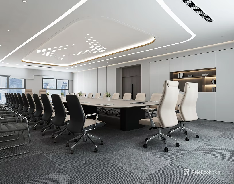 Modern Public Office Area Interior Design With Conference Table Ergonomic Chairs And Ceiling Lights 3d model 